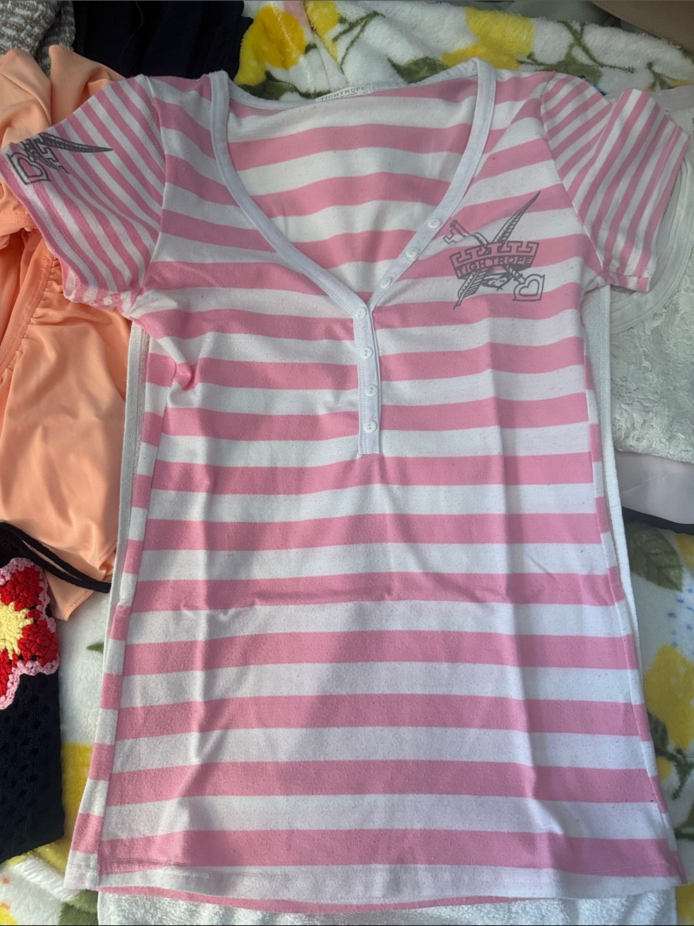 Women' Pink & White Striped Henley Top - Casual Everyday Shirt